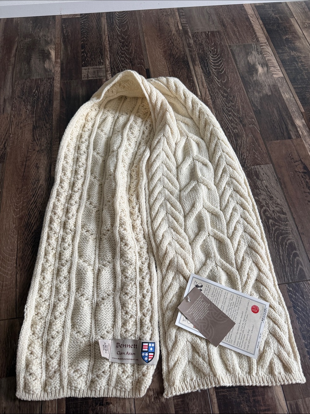 100 percent wool  Cream Cable Knit Scarf - Women
